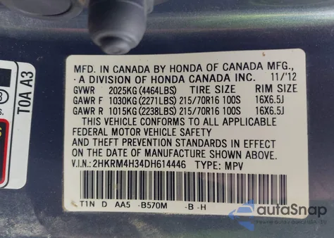 2013 Honda Cr-V Lx из США, поврежденный, VIN 2HKRM4H34DH614446